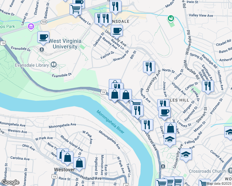map of restaurants, bars, coffee shops, grocery stores, and more near 100A 7th Street in Morgantown