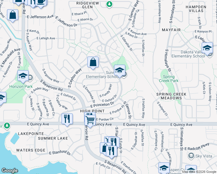 map of restaurants, bars, coffee shops, grocery stores, and more near 4048 South Fundy Way in Aurora