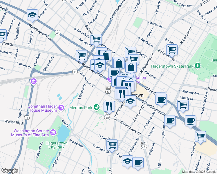 map of restaurants, bars, coffee shops, grocery stores, and more near 21 Summit Avenue in Hagerstown