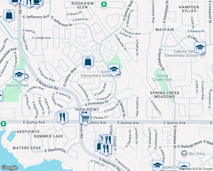 map of restaurants, bars, coffee shops, grocery stores, and more near 4048 South Fundy Way in Aurora