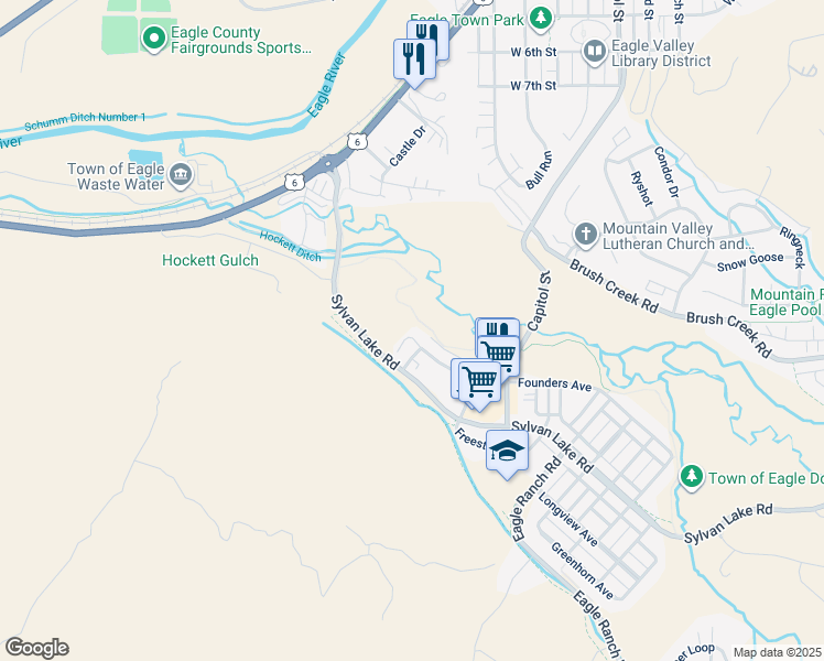 map of restaurants, bars, coffee shops, grocery stores, and more near 1-61 Pearch Street in Eagle