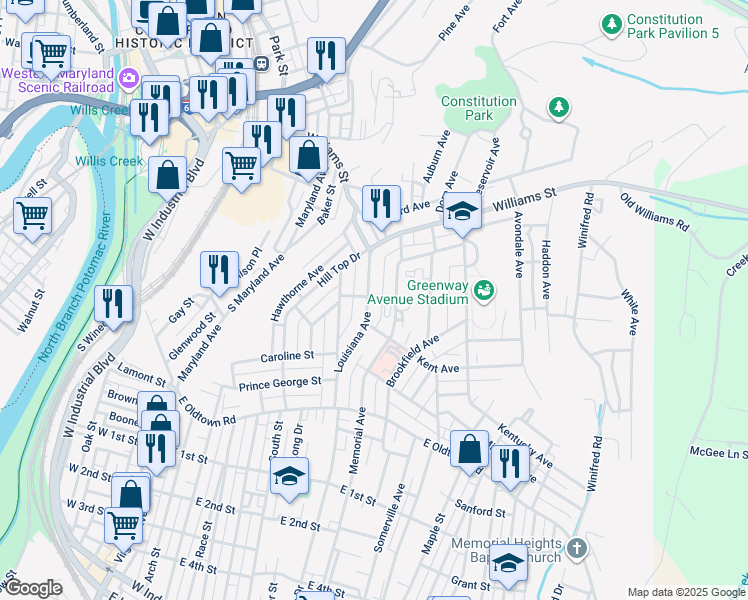 map of restaurants, bars, coffee shops, grocery stores, and more near 600 Kent Avenue in Cumberland