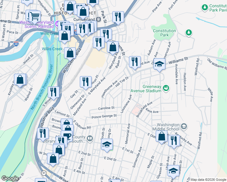 map of restaurants, bars, coffee shops, grocery stores, and more near 511 Talbot Street in Cumberland