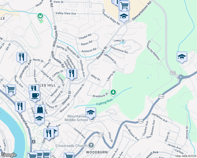 map of restaurants, bars, coffee shops, grocery stores, and more near 443 VanGilder Avenue in Morgantown