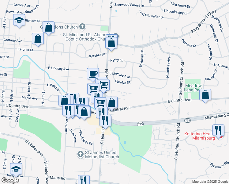 map of restaurants, bars, coffee shops, grocery stores, and more near 1502 Mary Francis Court in Miamisburg