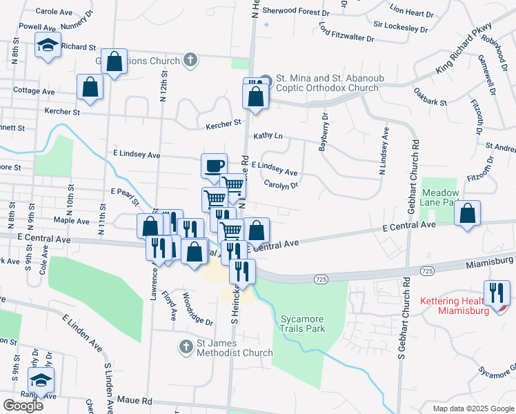 map of restaurants, bars, coffee shops, grocery stores, and more near 1502 Mary Francis Court in Miamisburg