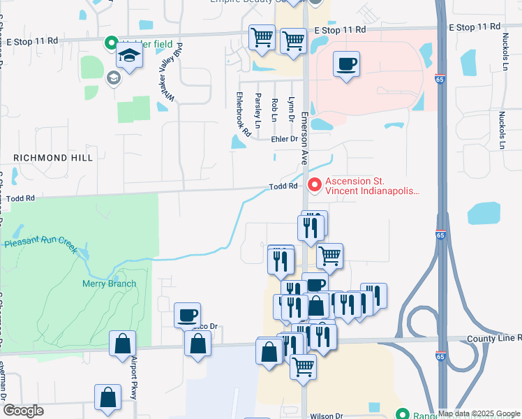 map of restaurants, bars, coffee shops, grocery stores, and more near Sir Barton Way in Indianapolis