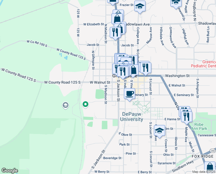 map of restaurants, bars, coffee shops, grocery stores, and more near 118 West Seminary Street in Greencastle