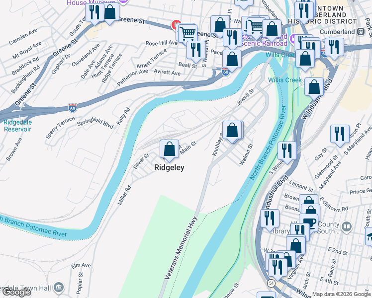map of restaurants, bars, coffee shops, grocery stores, and more near 160 Main Street in Ridgeley