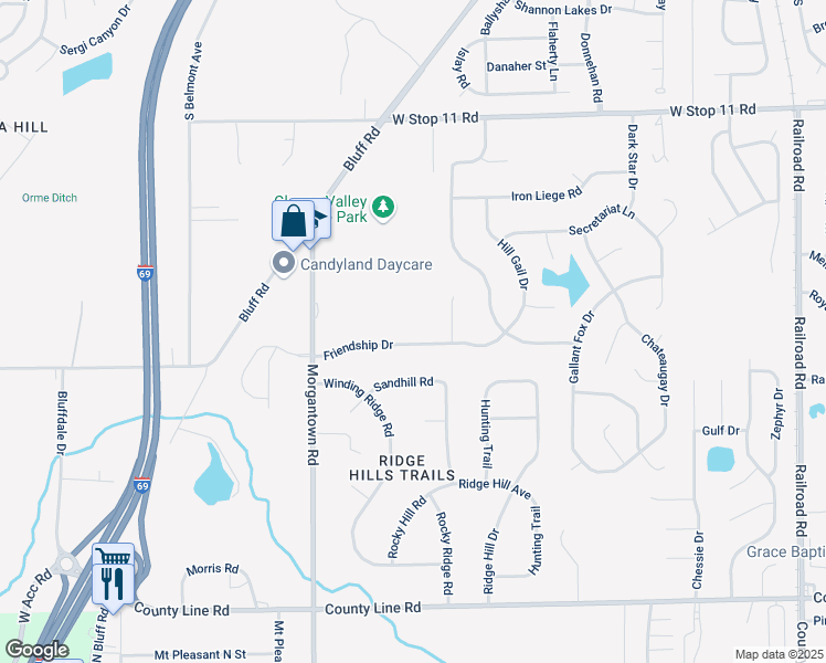 map of restaurants, bars, coffee shops, grocery stores, and more near 1831 Friendship Drive in Indianapolis