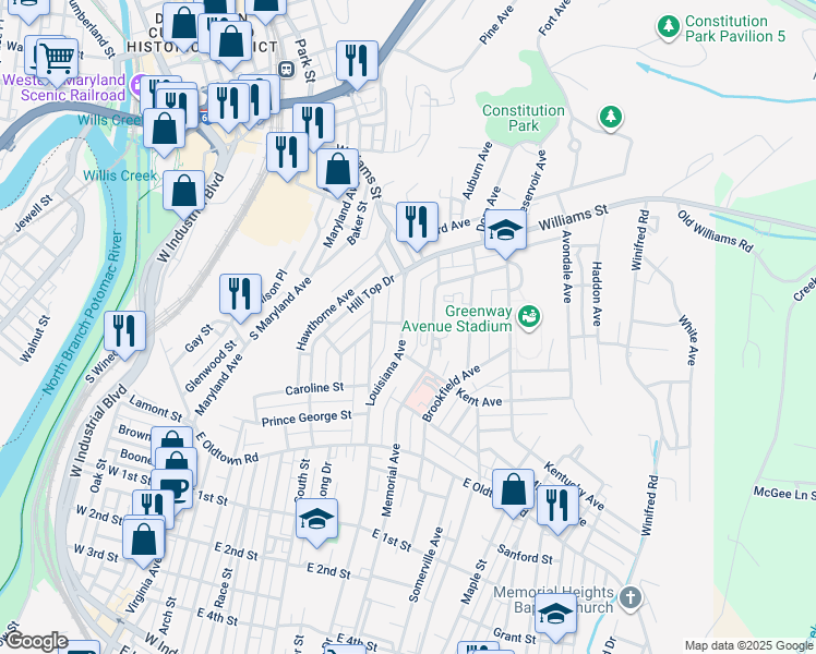 map of restaurants, bars, coffee shops, grocery stores, and more near 600 Kent Avenue in Cumberland