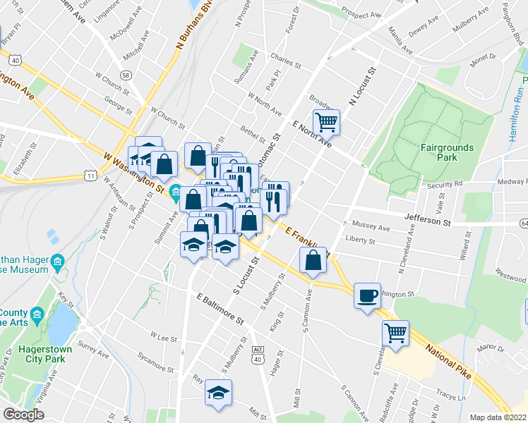 map of restaurants, bars, coffee shops, grocery stores, and more near 44 East Franklin Street in Hagerstown