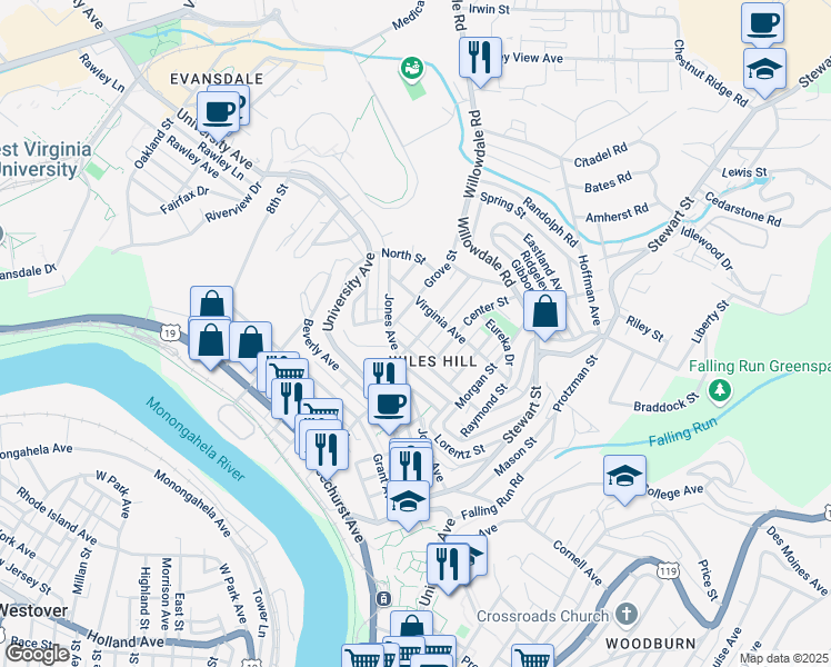 map of restaurants, bars, coffee shops, grocery stores, and more near 437 Melrose Street in Morgantown