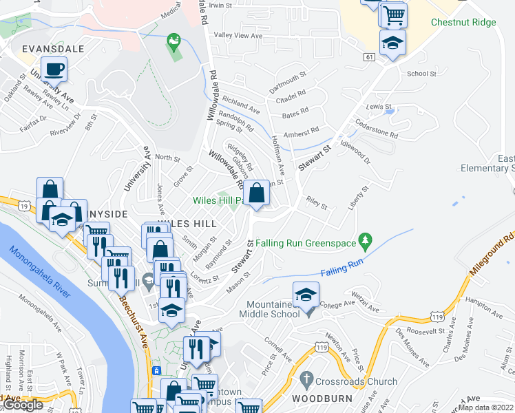 map of restaurants, bars, coffee shops, grocery stores, and more near 607 Junction Street in Morgantown