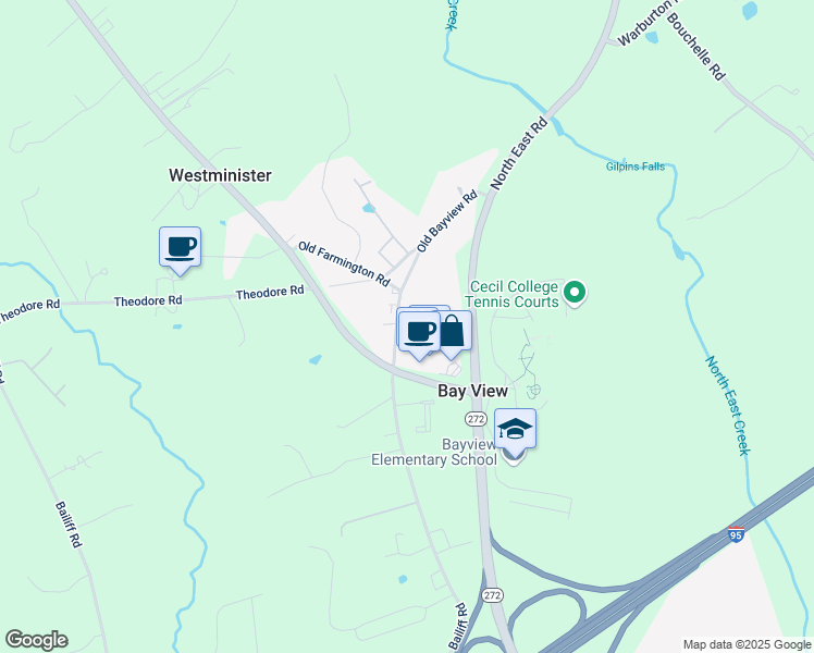 map of restaurants, bars, coffee shops, grocery stores, and more near 282 Old Bayview Road in North East