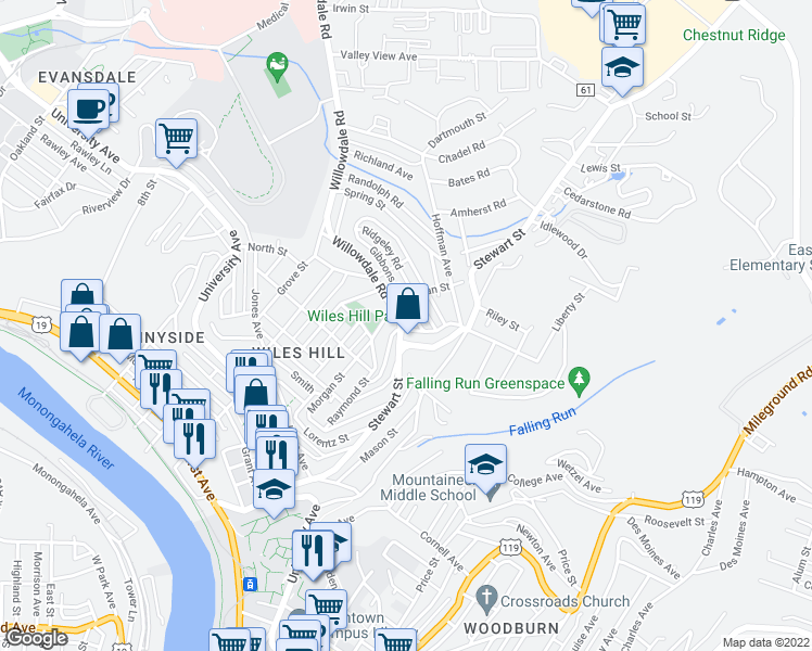 map of restaurants, bars, coffee shops, grocery stores, and more near 603 Junction Street in Morgantown
