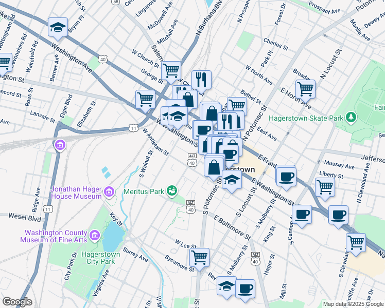 map of restaurants, bars, coffee shops, grocery stores, and more near 21 Summit Avenue in Hagerstown