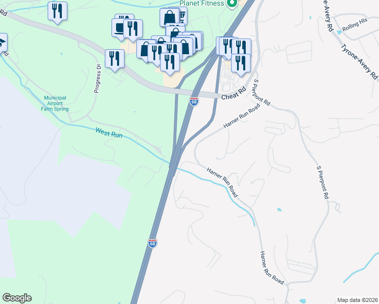 map of restaurants, bars, coffee shops, grocery stores, and more near 156 Harner Run Road in Morgantown