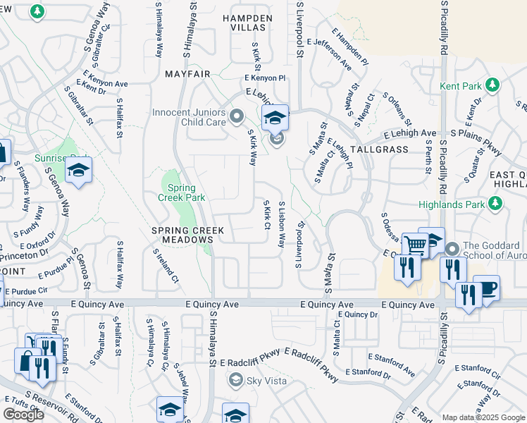 map of restaurants, bars, coffee shops, grocery stores, and more near 4057 South Kirk Court in Aurora