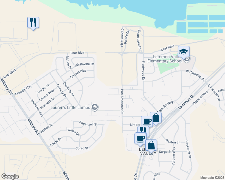 map of restaurants, bars, coffee shops, grocery stores, and more near 9588-9598 Fleetwood Drive in Reno