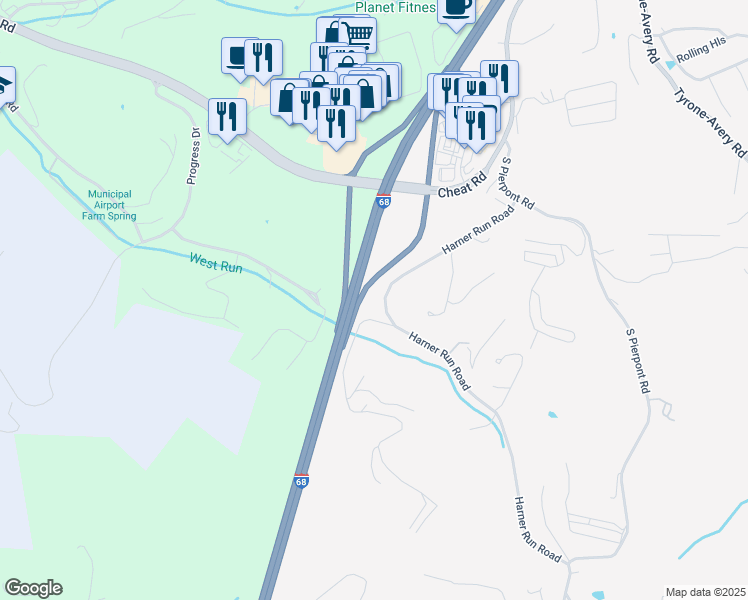 map of restaurants, bars, coffee shops, grocery stores, and more near 156 Harner Run Road in Morgantown
