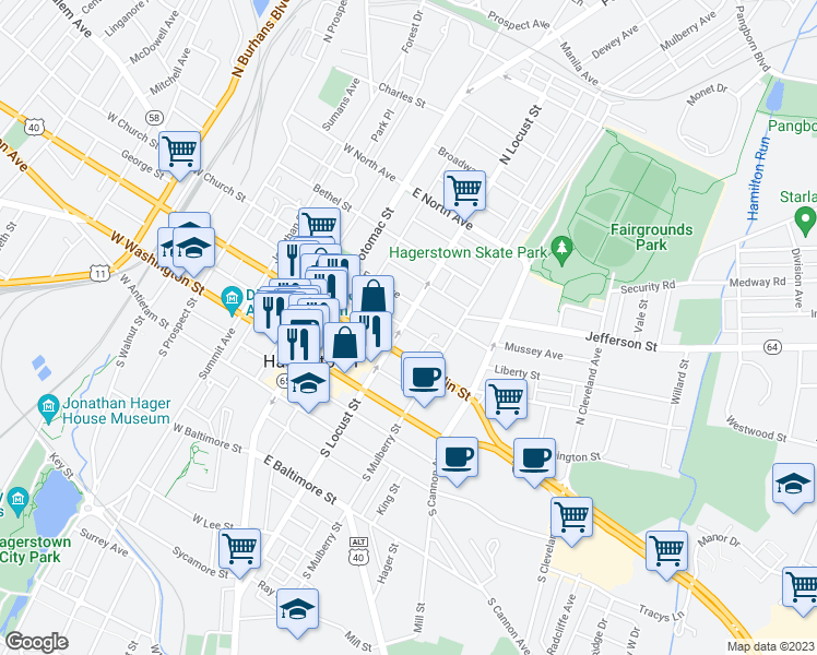 map of restaurants, bars, coffee shops, grocery stores, and more near 126 North Locust Street in Hagerstown