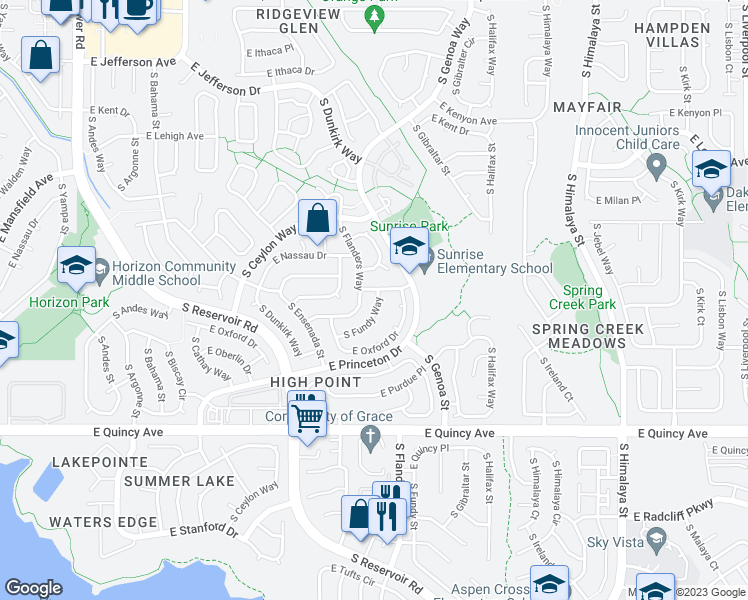map of restaurants, bars, coffee shops, grocery stores, and more near 3988 South Fundy Circle in Aurora