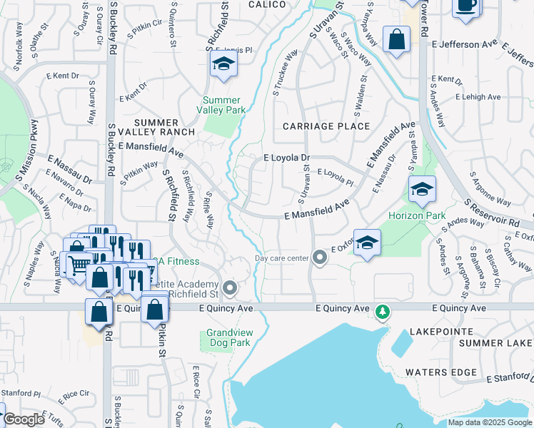 map of restaurants, bars, coffee shops, grocery stores, and more near 17602 East Loyola Drive in Aurora