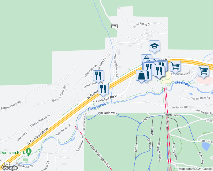 map of restaurants, bars, coffee shops, grocery stores, and more near 903 Red Sandstone Road in Vail