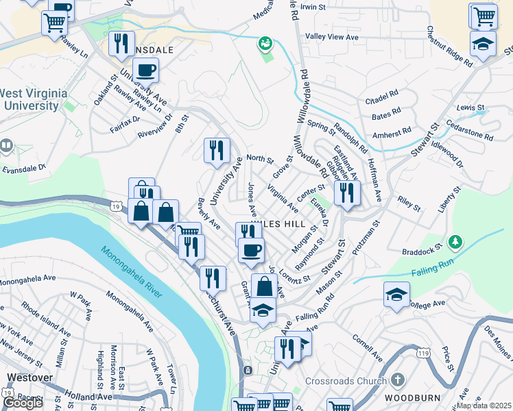 map of restaurants, bars, coffee shops, grocery stores, and more near 617 Jones Avenue in Morgantown