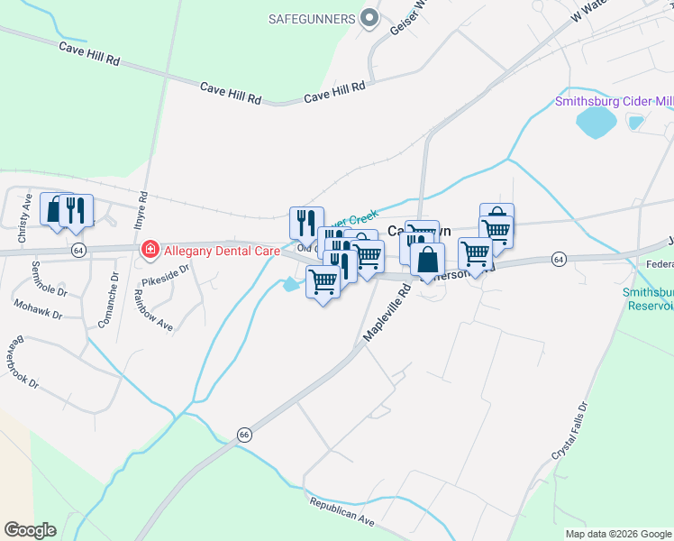 map of restaurants, bars, coffee shops, grocery stores, and more near 22409 Jefferson Boulevard in Smithsburg