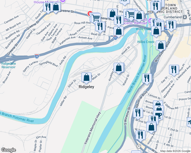 map of restaurants, bars, coffee shops, grocery stores, and more near 135 Main Street in Ridgeley