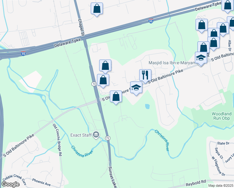 map of restaurants, bars, coffee shops, grocery stores, and more near South Old Baltimore Pike in Newark