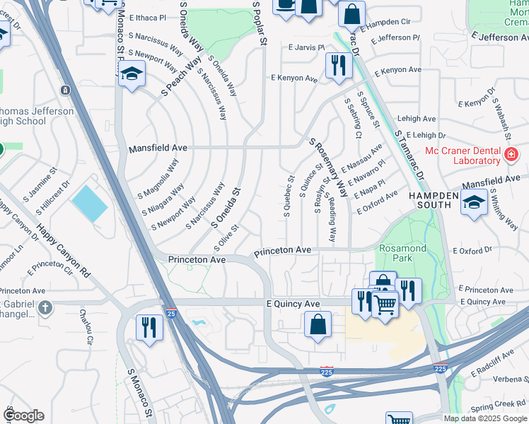 map of restaurants, bars, coffee shops, grocery stores, and more near 4012 South Olive Street in Denver