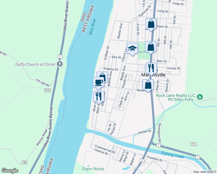 map of restaurants, bars, coffee shops, grocery stores, and more near 301 Martin Avenue in New Martinsville