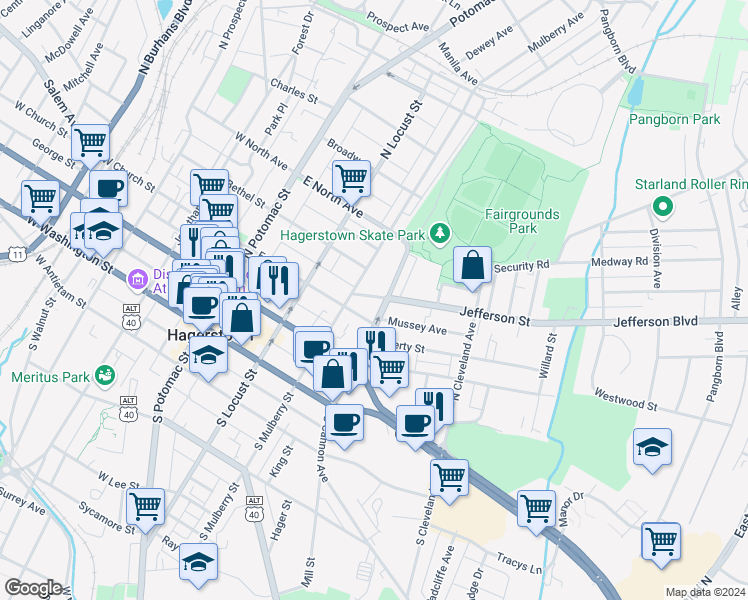 map of restaurants, bars, coffee shops, grocery stores, and more near 225 Jefferson Street in Hagerstown
