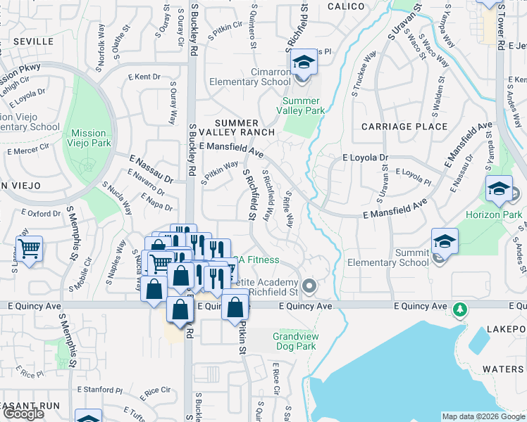 map of restaurants, bars, coffee shops, grocery stores, and more near 4006 South Richfield Street in Aurora