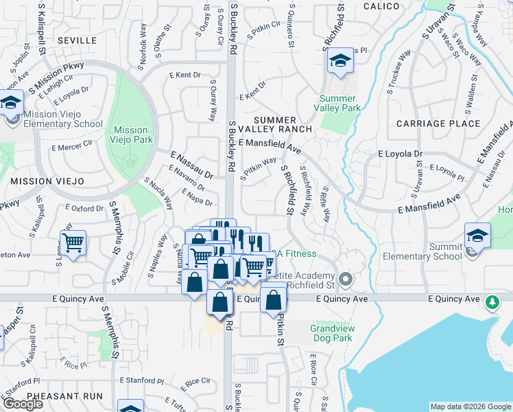 map of restaurants, bars, coffee shops, grocery stores, and more near 17112 East Mercer Drive in Aurora