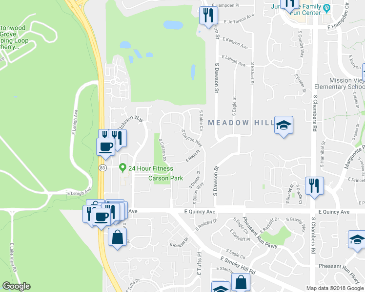 map of restaurants, bars, coffee shops, grocery stores, and more near 4045 South Dillon Way in Aurora