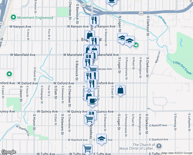 map of restaurants, bars, coffee shops, grocery stores, and more near 4030 South Lincoln Street in Englewood