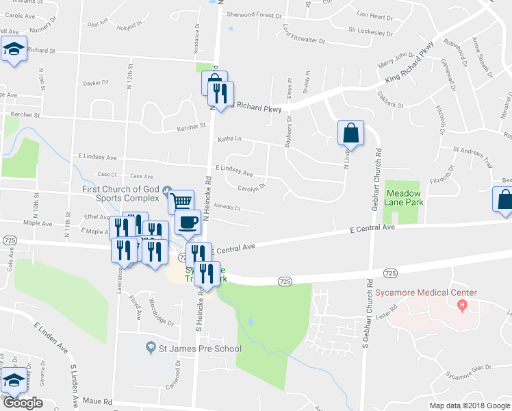 map of restaurants, bars, coffee shops, grocery stores, and more near 1666 Carolyn Court in Miamisburg