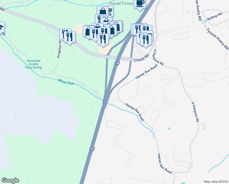 map of restaurants, bars, coffee shops, grocery stores, and more near 156 Harner Run Road in Morgantown