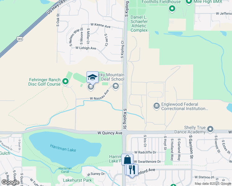 map of restaurants, bars, coffee shops, grocery stores, and more near 10300 West Nassau Avenue in Denver
