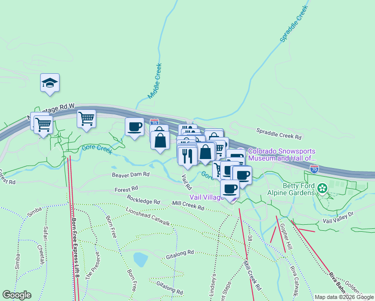 map of restaurants, bars, coffee shops, grocery stores, and more near in Vail