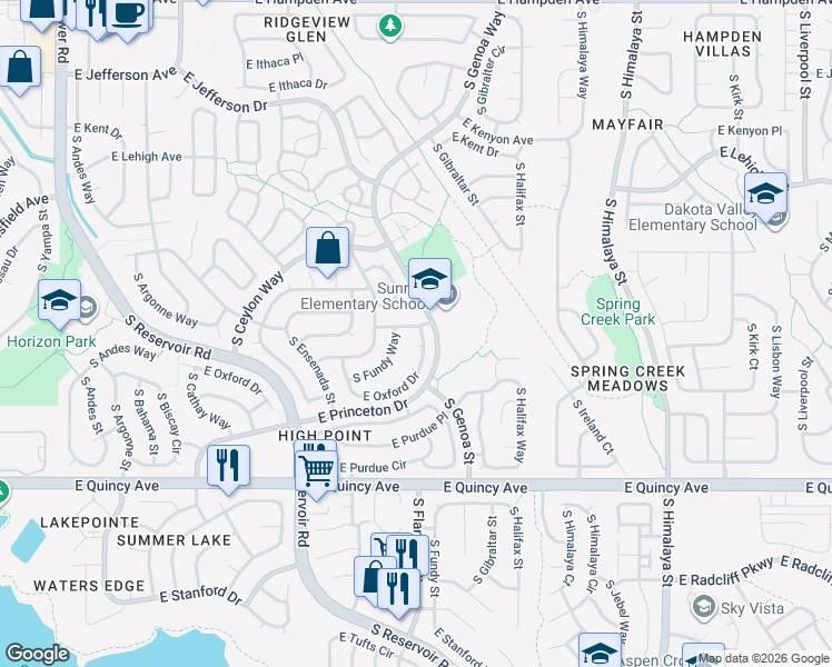 map of restaurants, bars, coffee shops, grocery stores, and more near 19793 East Navarro Place in Aurora