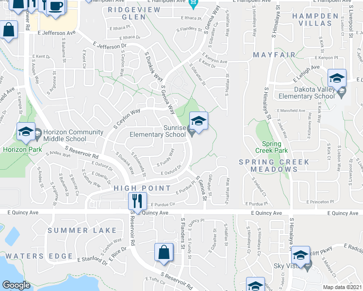 map of restaurants, bars, coffee shops, grocery stores, and more near 19793 East Navarro Place in Aurora