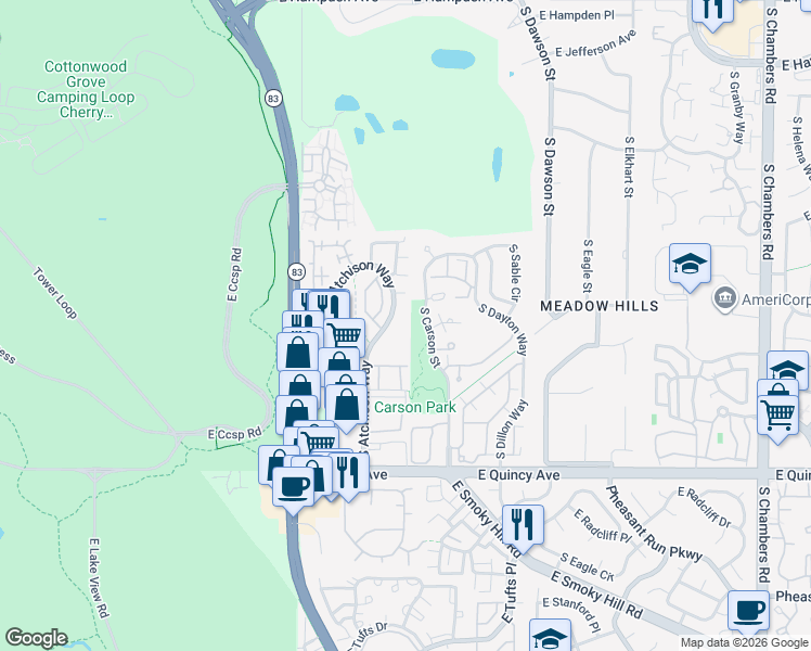 map of restaurants, bars, coffee shops, grocery stores, and more near 4060 South Atchison Way in Aurora