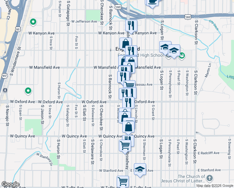 map of restaurants, bars, coffee shops, grocery stores, and more near 4050 South Bannock Street in Englewood