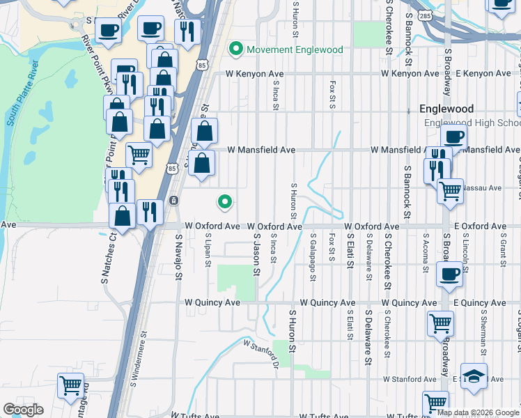map of restaurants, bars, coffee shops, grocery stores, and more near 4035 South Inca Street in Englewood