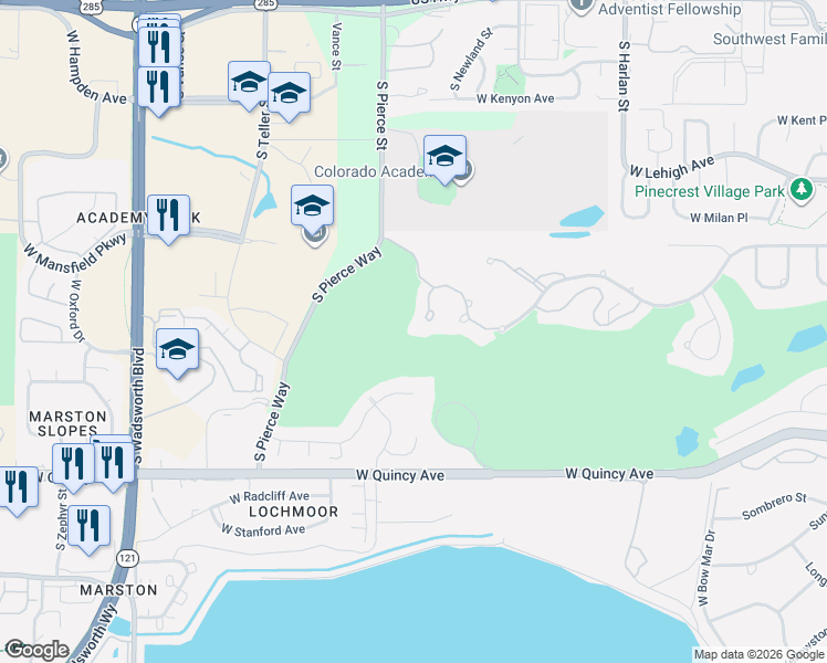 map of restaurants, bars, coffee shops, grocery stores, and more near 6500 West Mansfield Avenue in Denver